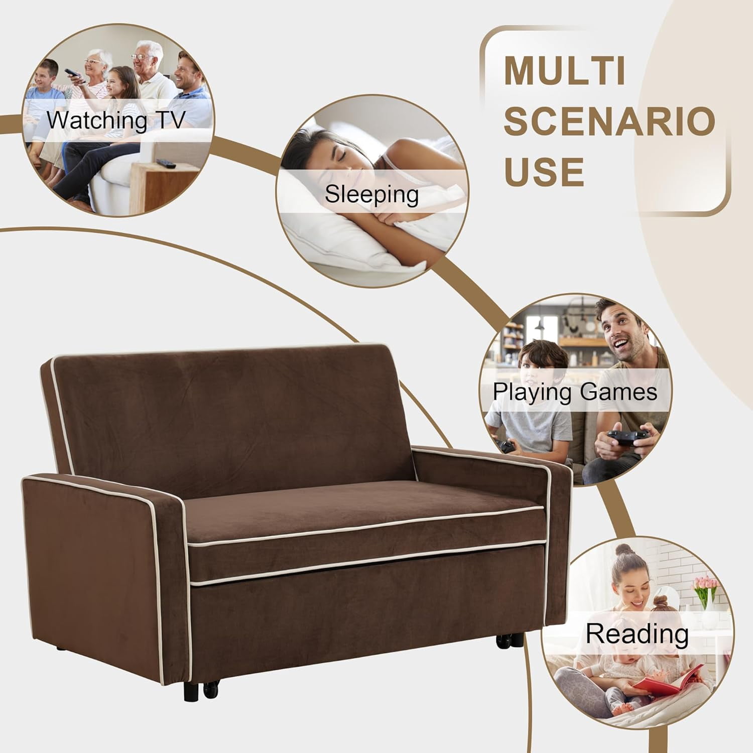 Convertible 3 in 1 Pull Out Sofa Bed Futon Sleeper Sofa Couch Velvet Small Loveseat, Reclining Backrest for Living Room, Brown