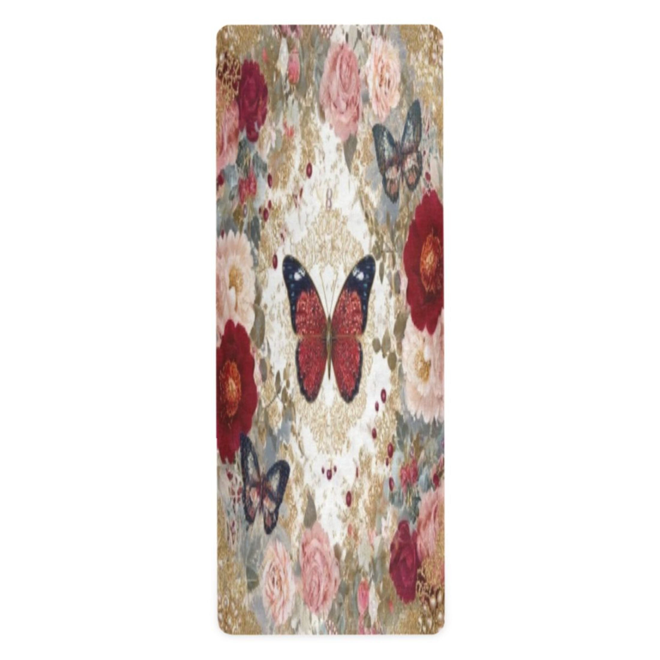 BZSMCE Yoga Mat Women Fitness Mat Blush Rose Jewel Butterflies Pattern