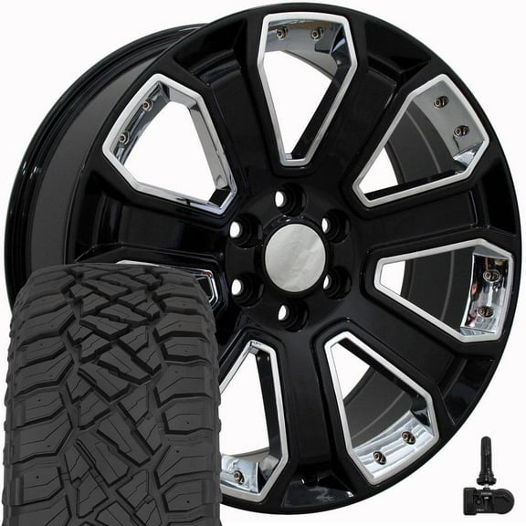 OE Wheels CV93B 22 Inch Rims and Tires Fit Silverado 1500 Style 6x139.7 22x9 Gloss Black with Chrome Insert - Hollander 5660 - TerraMax RT 285/45-22 (Set of 4)