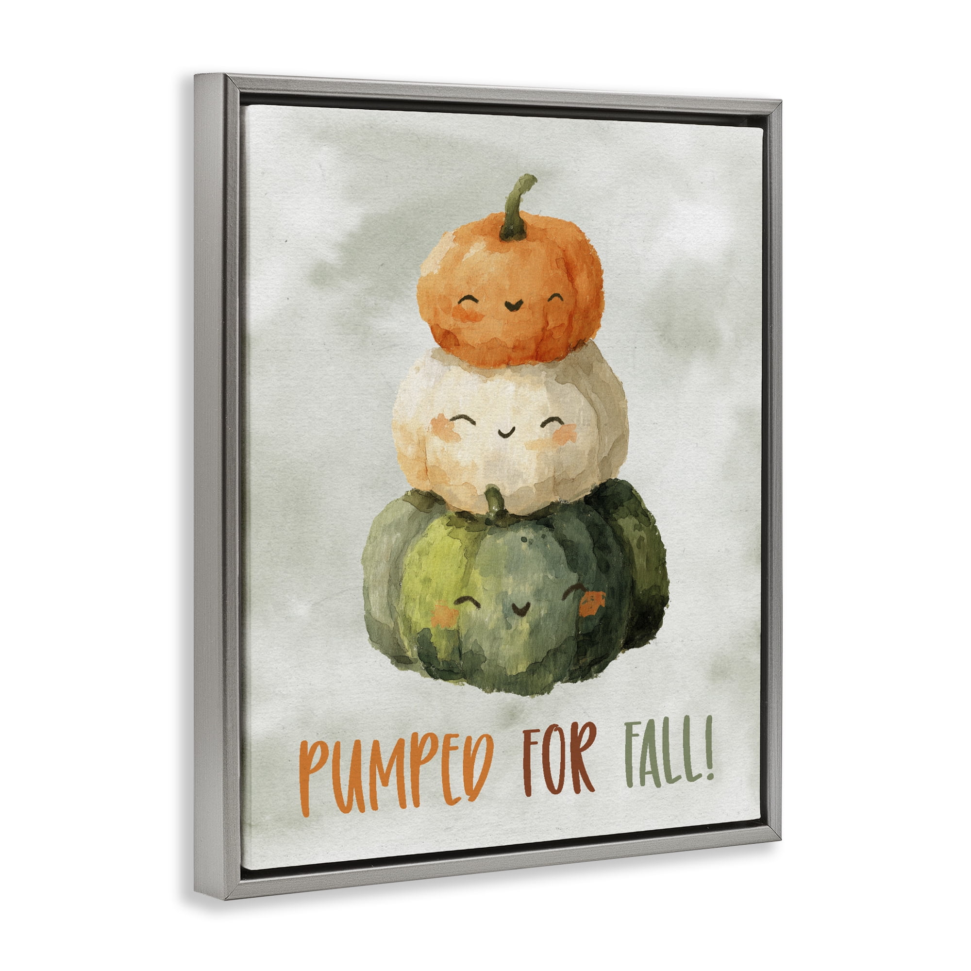 Stupell Industries Smiling Pumpkins Pumped For Fall Gray Framed Floater Canvas Wall Art, design by Ziwei Li