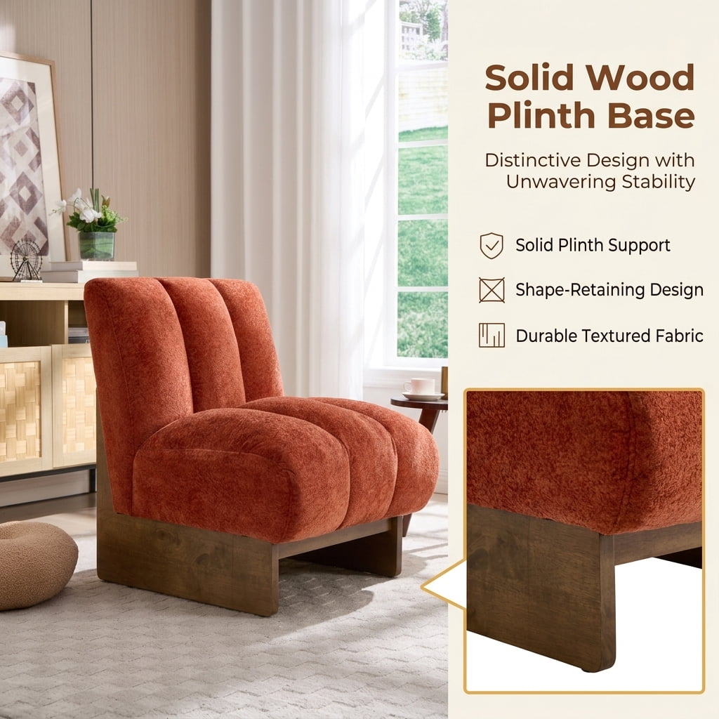 MOONMISS Modern Chenille Fabric Armchair with Wood Legs, Comfy Upholstered Reading Accent Chairs for Living Room,Orange