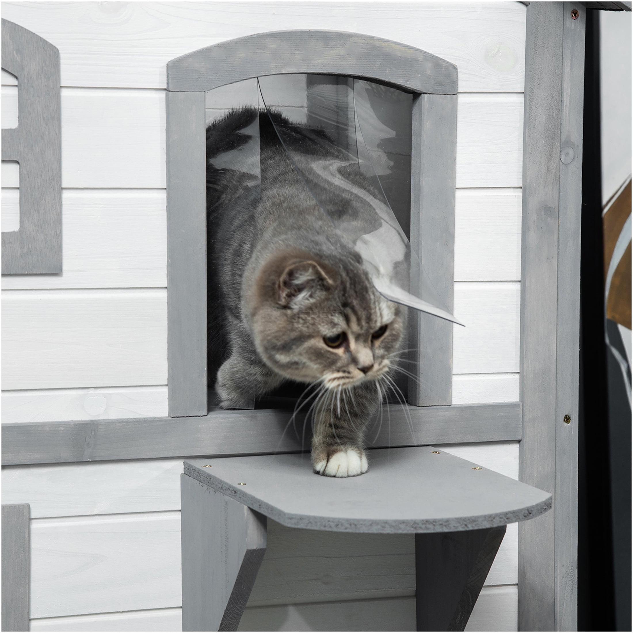 JERFIT Outdoor Cat House, 2-Story Wooden Catio with Escape Door, Waterproof Asphalt Roof, Jumping Platforms, for Feral & Indoor Cats, Easy Assembly, White