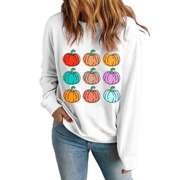Women's Beige Halloween Sweatshirt with Vibrant Pumpkins Print