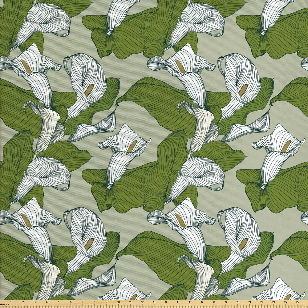 Green and White Fabric by The Yard, Abstract Calla Lily Flowers in ...