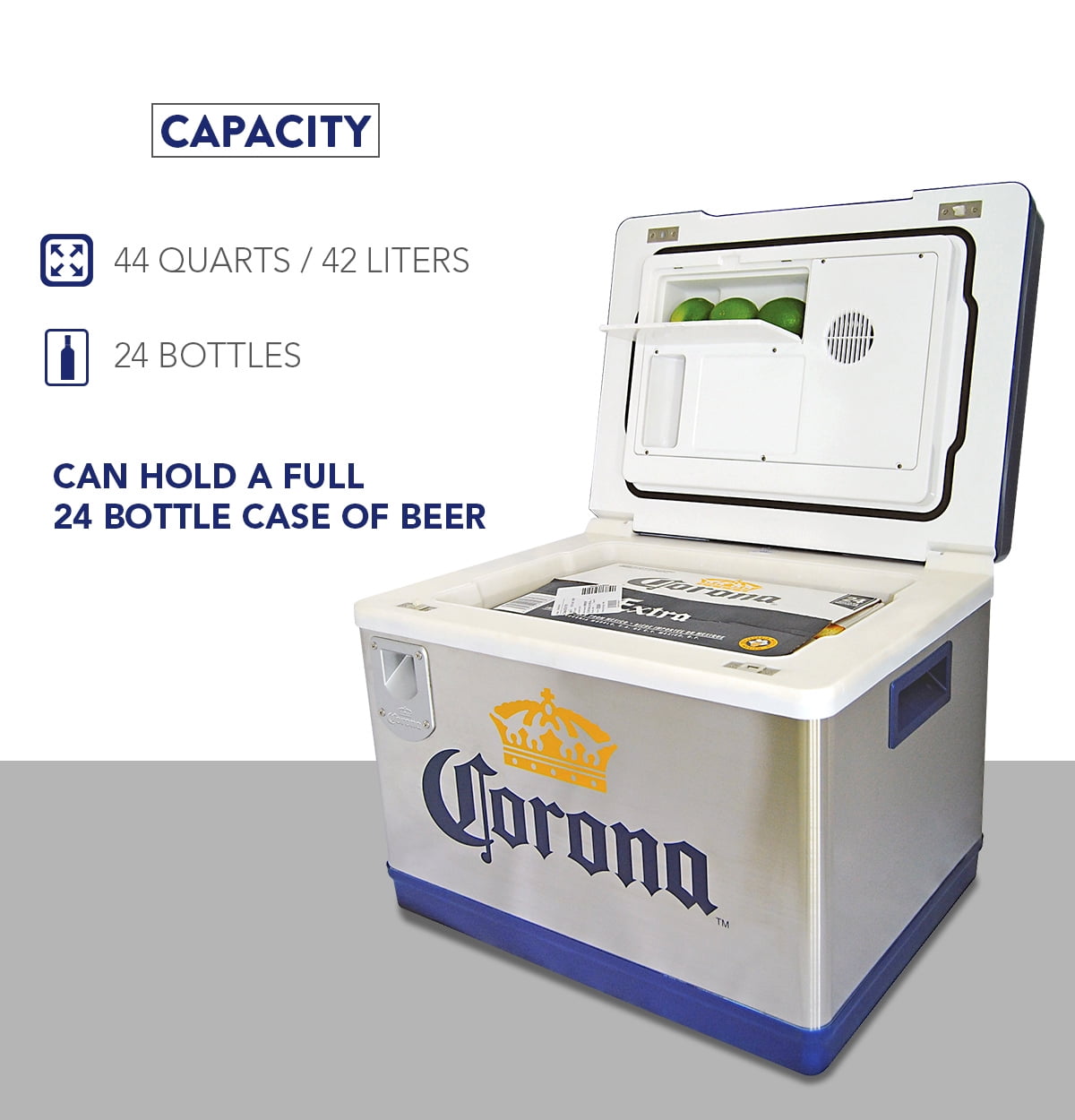 Corona Cruiser 12V Cooler, 24 Bottle Portable 45 L Fridge, Silver, Blue