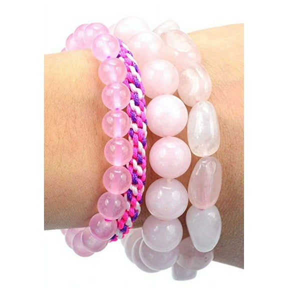 Quality Tumble Round Pink Rose Quartz Crystal Pink String Adjustable Stretch Bracelets – Healing Love Energy – Women – Set of 4