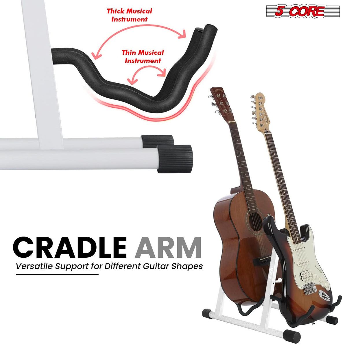 5 CORE Guitar Stand 2 In 1 Electric Acoustic Bass Banjo Stand Strong Metal Double A-Frame Folding Guitar Holder with Padded Foam Sleeves White - GSS 2N1 WH