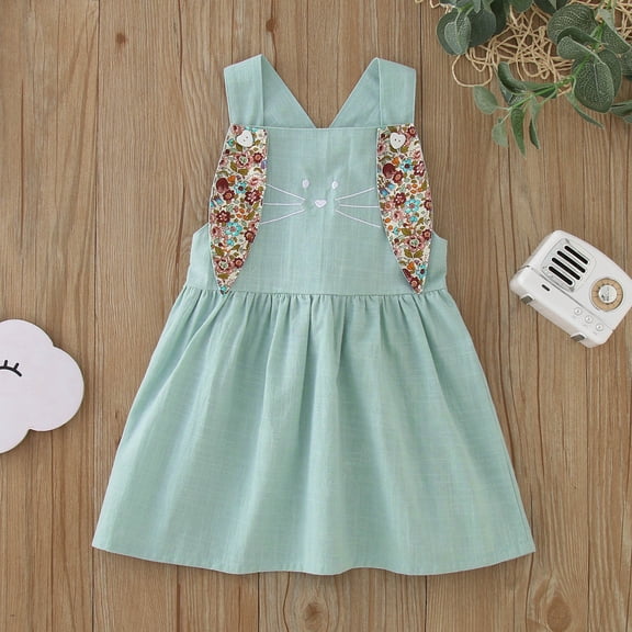 Easter Bunny Girls Sleeveless Dresses Rabbit Print Cute Princess Party Gowns For Toddler Girls Spring Holiday Wear,Blue,80