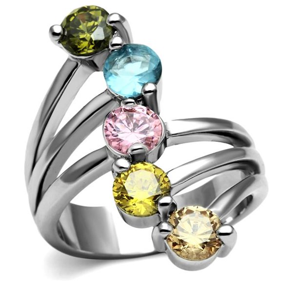 Women High Polished Stainless Steel Ring with AAA Grade CZ in Multi Color - Size 9