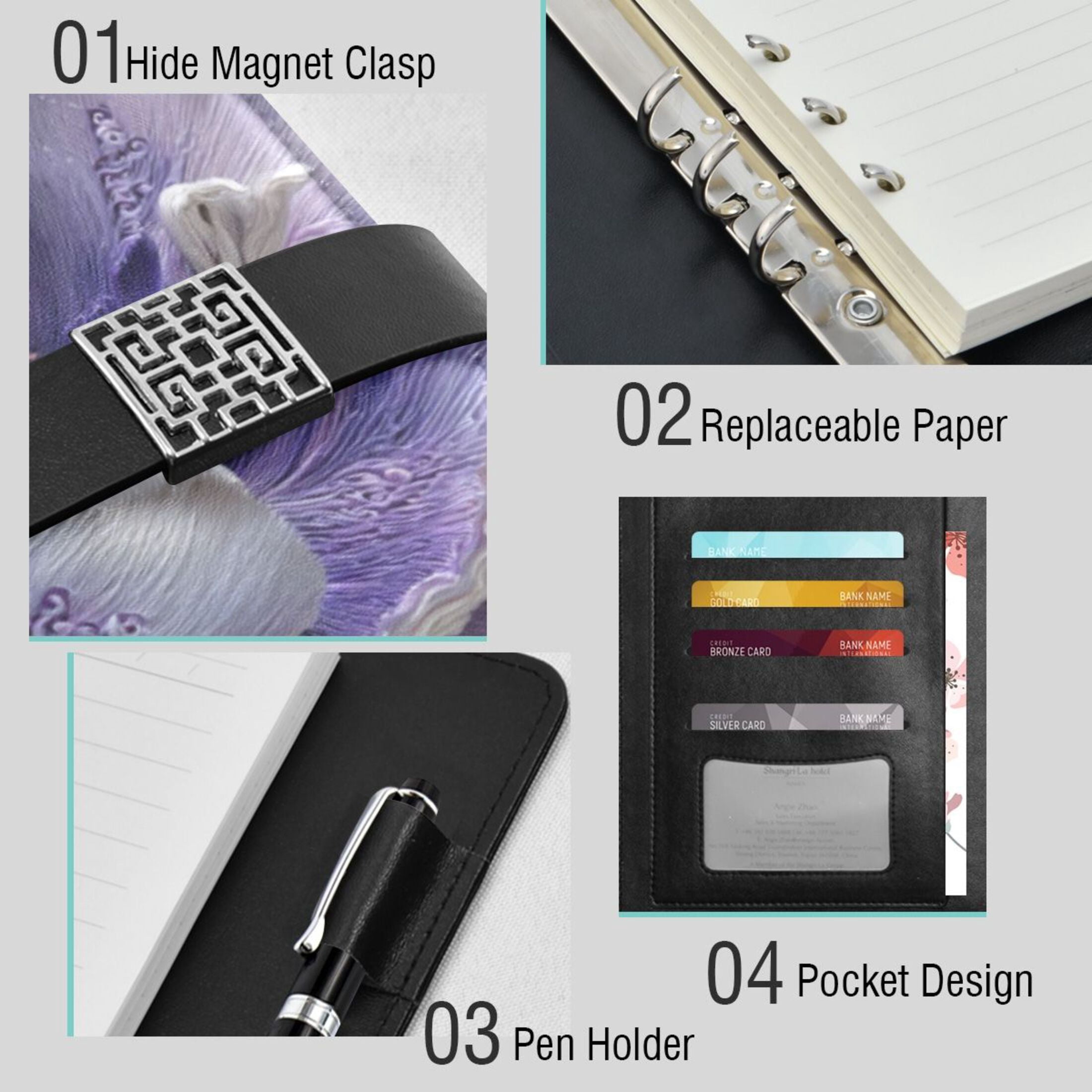 Leather Planner Leather Notebook Notebook Journal Binder Design Pen Pocket Design Convenient for Storage Beautiful Purple Flowers