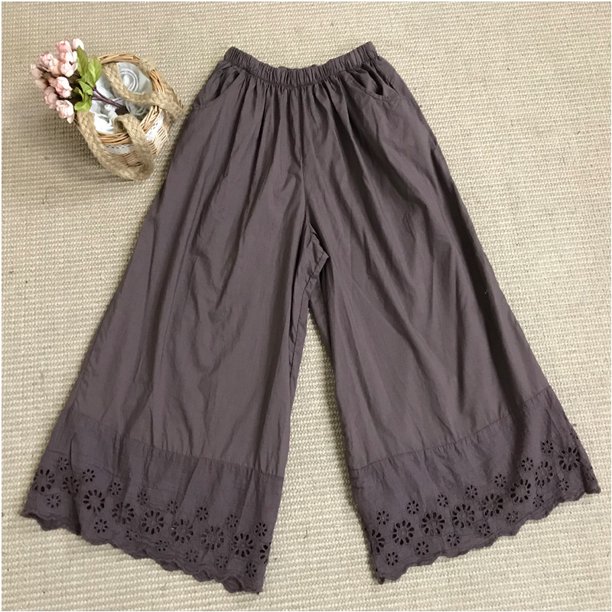 Pantalones elegantes de primavera para viajeros, de pierna ancha, de algodón y lino, rectos, distintivos, sueltos, hasta los tobillos, pantalones de cintura alta con bordados y huecos