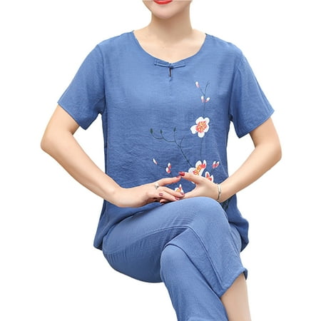 

Huasheng 2 Pcs Women Pajamas Set O Neck Flower Print Grandma Style Elastic Waist Summer Pajamas Set Sleepwear