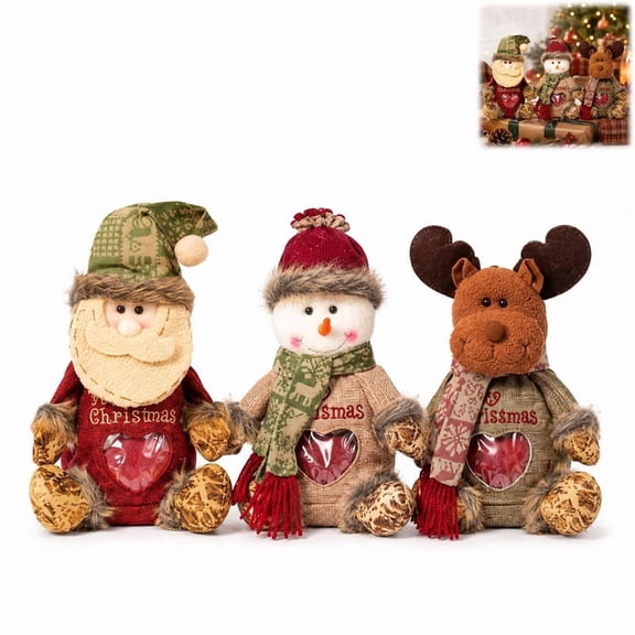 AAYMIA Christmas Gift Bags, 3 Pack Reusable Zipper Treat Bags, Festive Santa Snowman Deer Fabric Candy Bags for Holiday Gifts and Parties