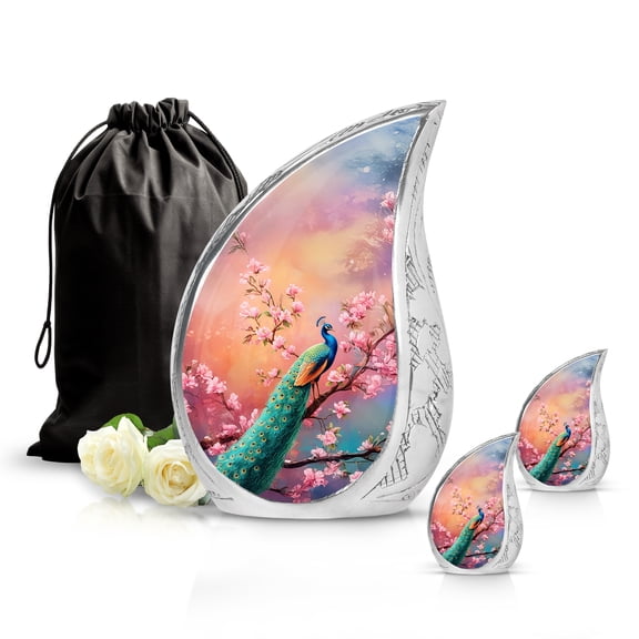 SABURIAL Peacock Urn - Burial Decorative for Mom & Dad - Combo 2 - Large with 3 Inch Pack of 2 - Memorial Urns for Male & Female - Decorative Funeral Urns - Human Remains Urns
