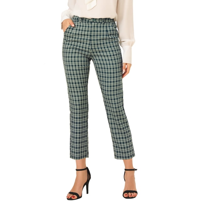 Pantalones de tobillo de trabajo de oficina trasera elásticos de cintura alta a cuadros de mujer Verde XL