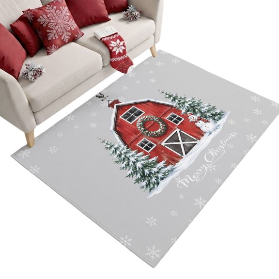 Merry Christmas Washable Area Rug 2.7 x 5 ft Winter Red Barn Pine Trees Snowman Gray Soft Non‑Slip Rugs Stain Repellent Indoor Mats for Kitchen Aisle, Foyer, Foot‑of‑Bed, Mudroom