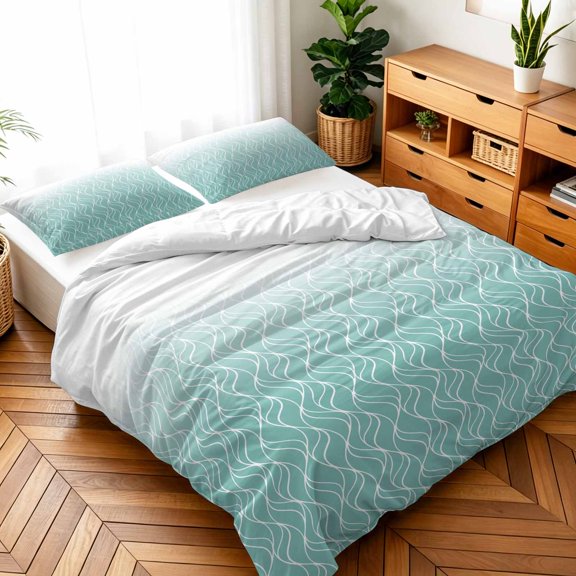 Queen Size 3 Pieces Duvet Cover Sets Abstract White Wave Line Bedding Set,Microfiber Soft Comforter Cover with Pillow Shams,Luxury Quilt Covers for Bedroom Decor Modern Stripe on Green