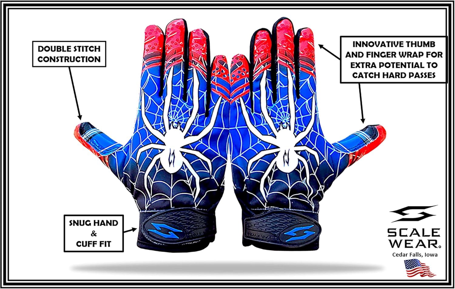 Scale Wear Design Stealth Spider Football Receiver Gloves - Tacky Sticky Grip Skin Tight Adult Pro Elite Super Performance Youth Man Boy Men Sizes (Adult - XL)