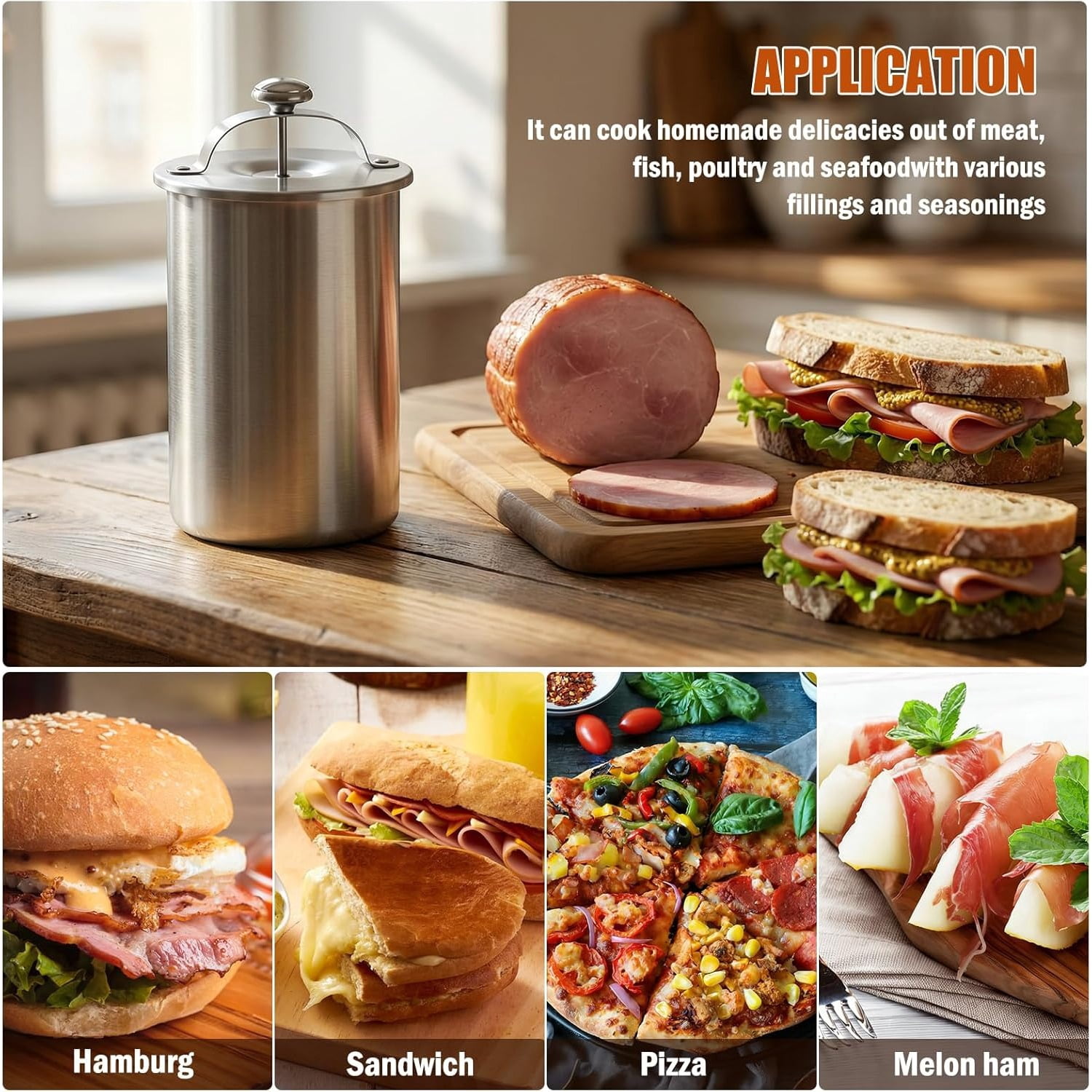 Deli Meat Press, Deli Press, Ham Maker Meat Press, Stainless Steel Deli Meat Press for Making Healthy Homemade Deli Meat with Thermometer & Spring Mechanism, Ham Maker and Sandwich for Home Cooking