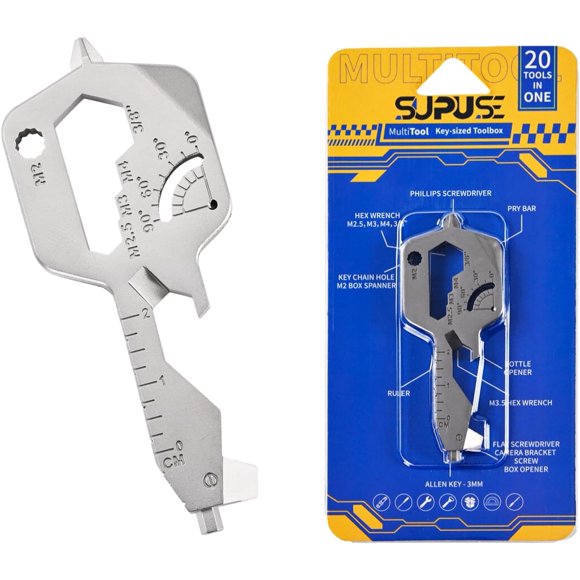 czcpp-Key Shaped EDC Keychain Multi Tool - 20 in 1 Multitool Stainless Steel Utility Gadget, Bottle Opener Keychain, EDC Gadgets, Screwdriver for Camping Survival, Silver, 1 Pack