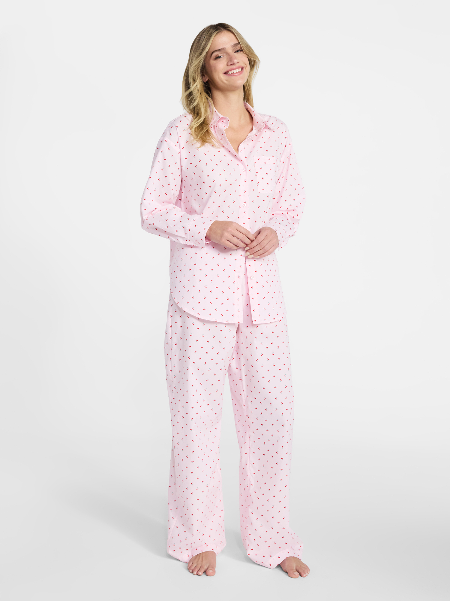 No Boundaries Sleepwear Woven Cotton Button-Down Shirt, Women's XS-XXL