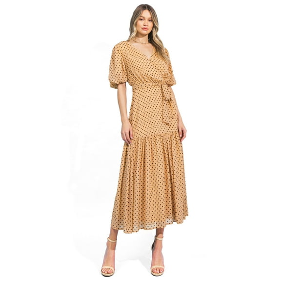 Flying Tomato Women's Formal Classic Retro Polkadot Chiffon Midi Dress (Tan/Polkadot, Small)