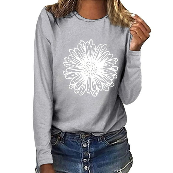 kayannuo Fall Clothes For Women Women Top Casual Long Sleeve Daisy O-neck Sweatshirt Pullover Blouse Gray