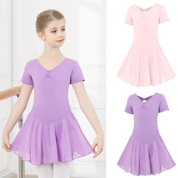 XINXIAOO Leotards for Girls Short Sleeve Ballet Leotard Girls Bodysuit with Skirt for Summer Performance Practice 12-16 Years