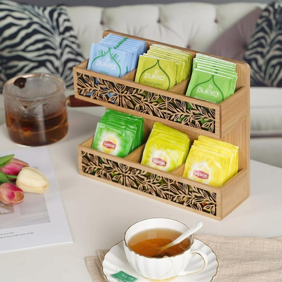 Tea Bag Holder - Wall Mounted Tea Organizer with 6 Compartments for Table or Wall