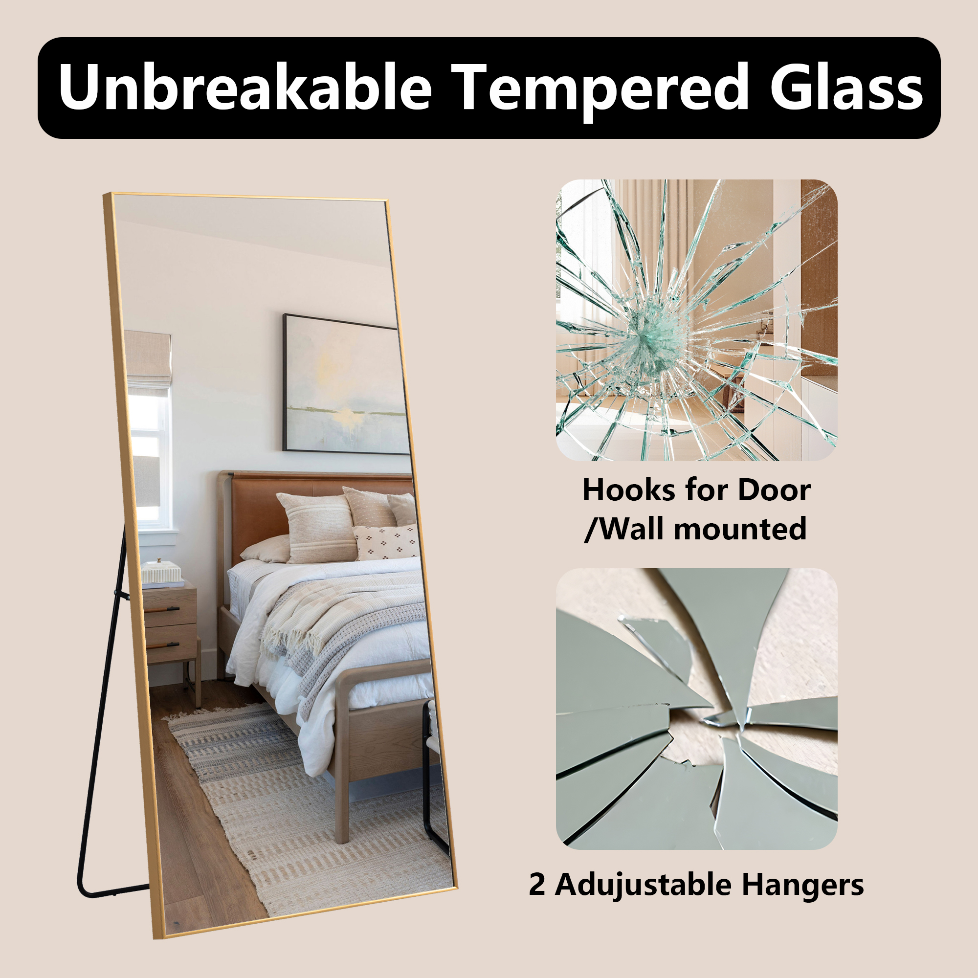 MAYEERTY Gold Right Angle Full Length Mirror, Wall Mount or Freestanding for Bedroom/Living Room, 71" × 32"