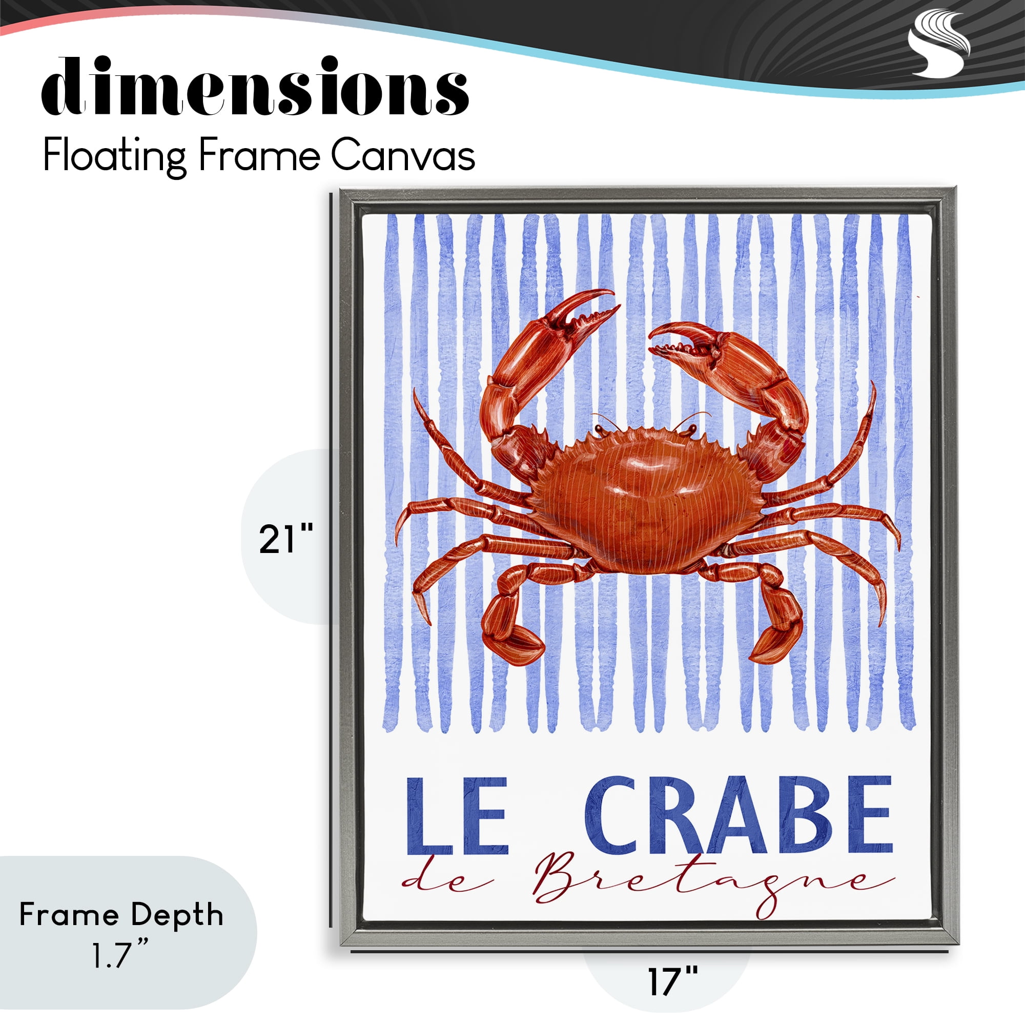 Stupell Industries Le Crabe Nautical Stripes Gray Framed Floater Canvas Wall Art, design by Kim Allen