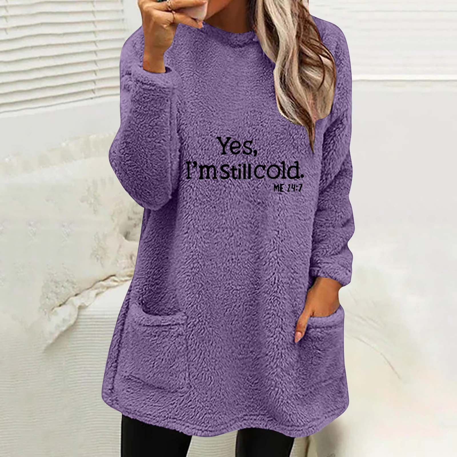 JURANMO Womens Warm Long Sleeve Tops Soft Comfy Fleece Loungewear Letter Print Crewneck Pullovers with Pockets Deals of the Day X-Purple#Fleece Warm Pullovers XXXL