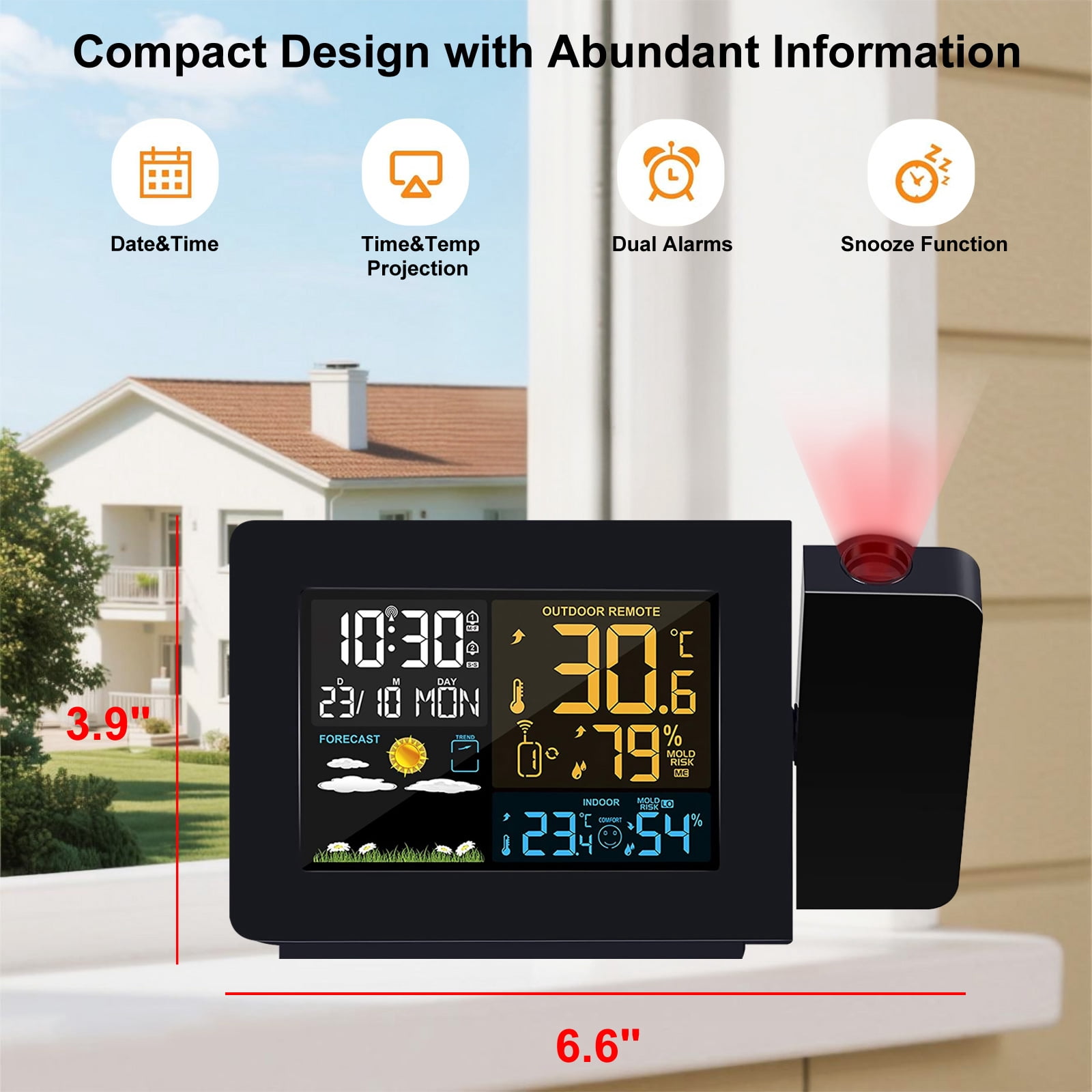 Syenll Projection Alarm Clock with Weather Station, Digital Indoor Outdoor Thermometer with Temperature Humidity Display for Bedrooms