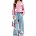 thumbnail image 3 of DJDLJWCJ 2 Piece Girls Casual Outfit Sets Cute Print Long Sleeve Cardigan Elastic Waist Wide Leg Pants Set Pink Size 7, 3 of 9