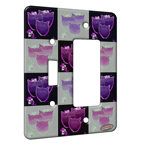 KuzmarK™ 2 Gang Single Toggle / Single Duplex Rocker Wall Plate - Black Spotted Mice with Candy Corn Kitties Abstract Cat Electric Art by Denise Every