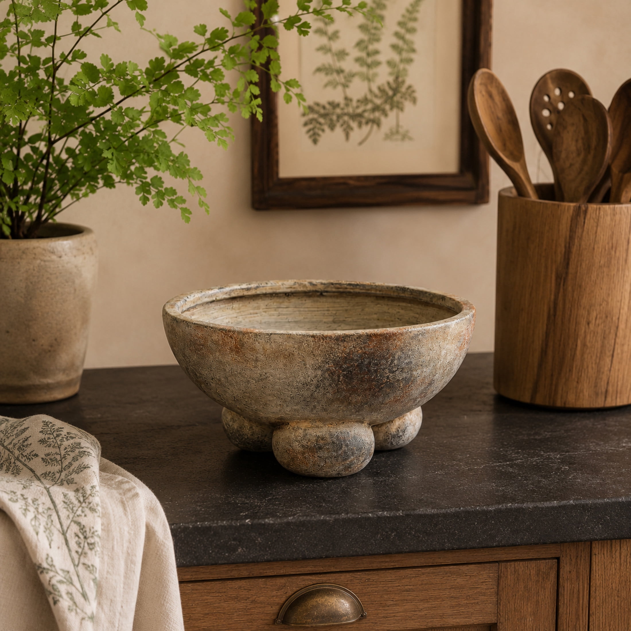 DecMode 11" Round Dark Gray Ceramic Decorative Bowl with Brown Accents and Three Round Legs