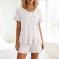 thumbnail image 3 of Short Sets for Women Cute Ruffle Hem Short Sleeve Peter Pan Collar T Shirt and Shorts 2 Piece Matching Set Loungewear, 3 of 5