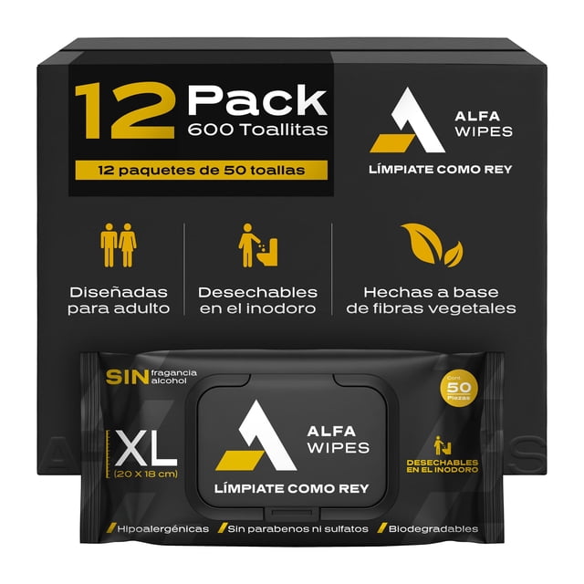 Alfa Wipes Toallitas Humedas para Adulto Extra Grandes y Gruesas, Desechables en Inodoro, Libres de Fragancias, Hipoalergénicas, con Aloe, Vitamina E, Manzanilla | 12 paquetes con 600 toall