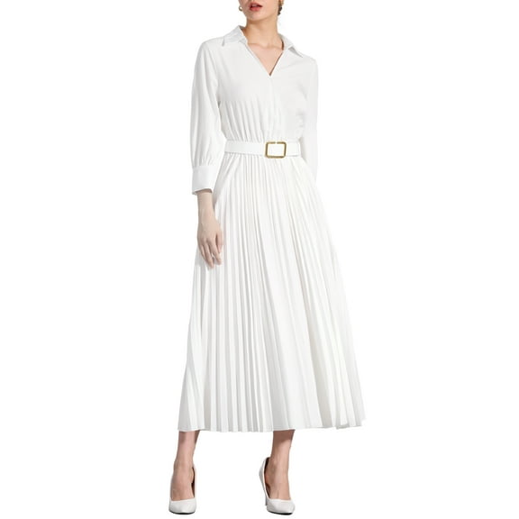 DARING DIVA 3/4 Sleeves Collar V Neck Dress XS White