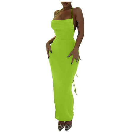 

Aufmer Women S Summer Dresses 2023 ClearanceWomen s Summer Solid Color Fashion Sexy Open Back Lace-up Temperament Long Dress Bra Hanging Neck DressYellow Size M