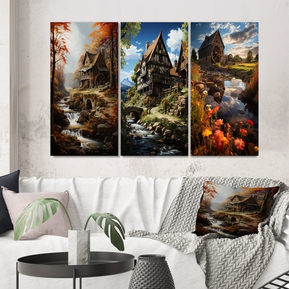 Designart "The Mill Beside the Falls A Grey and Red Scene" Cityscapes Wall Art Set Of 3 - Grey Mills Canvas Set For Living Room Decor