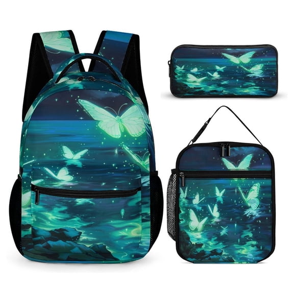 HEHOME 3-in-1 Backpack Set, Includes Bookbag, Insulated Lunch Bag, and Pencil Case,Butterfly Ocean