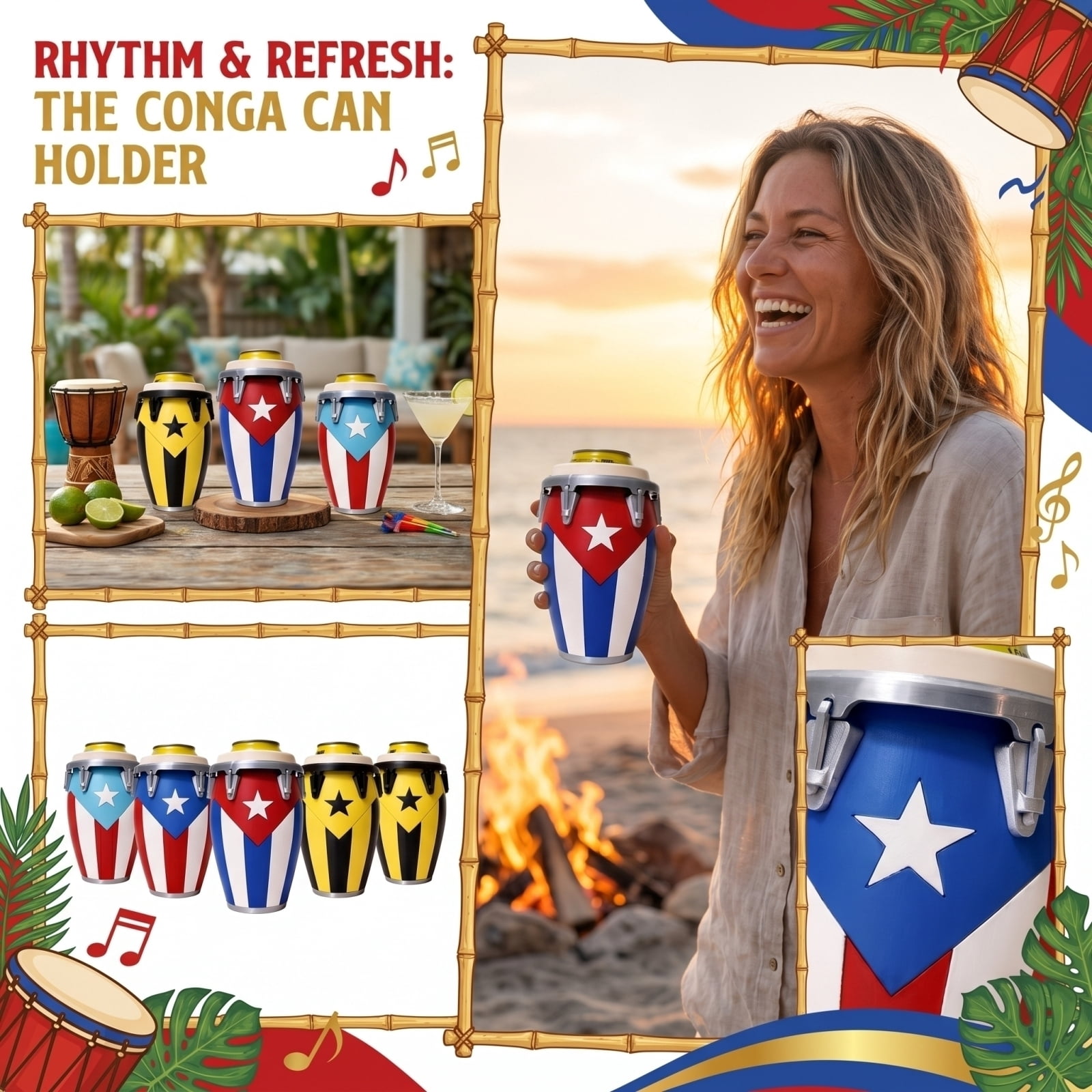 Caribbean Themed Conga-Style Can Holder, Puerto Rican & Cuban Flag Insulated Can Sleeve, Sturdy 12oz Beverage Holder Ideal Holiday Gift Bu