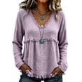 thumbnail image 2 of WULMLEO Womens Long Sleeve V Neck Tops Cotton Linen Fringe Trim Casual Blouses Purple S, 2 of 9