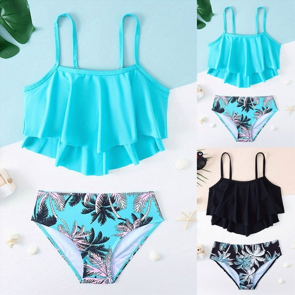 BOBOGOJP Girls Tankini Swimsuits Two Piece Bathing Suit Ruffle Swimwear Set for Teen Girls 7-16 Years(Blue, 7-8 Years)