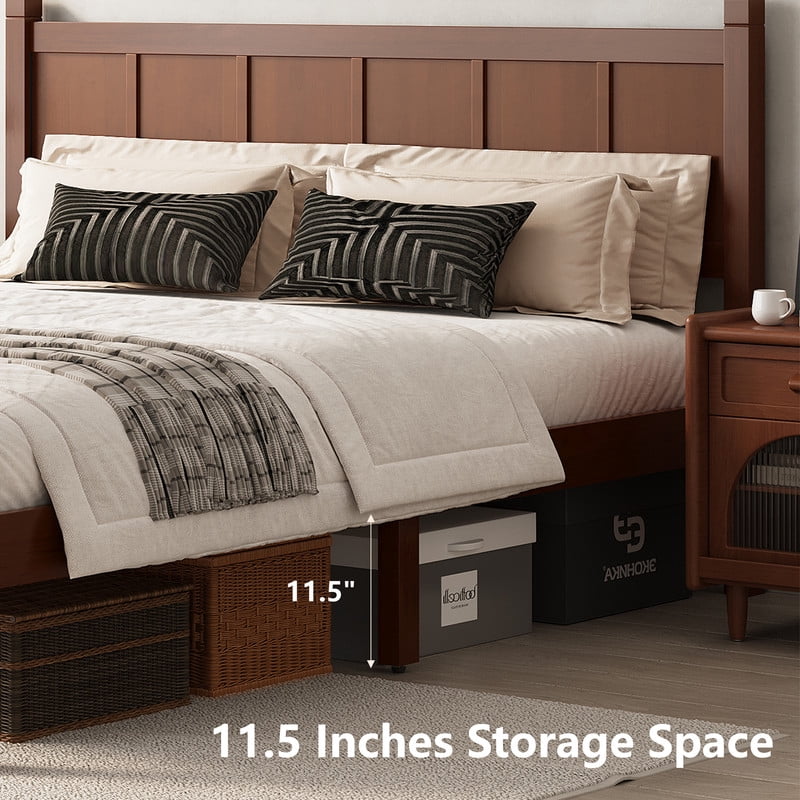 Queen Size Farmhouse Platform Bed with Flat Panel Designed Headboard & Footboard, Minimalist Wood Bed Frame with Under-Bed Storage