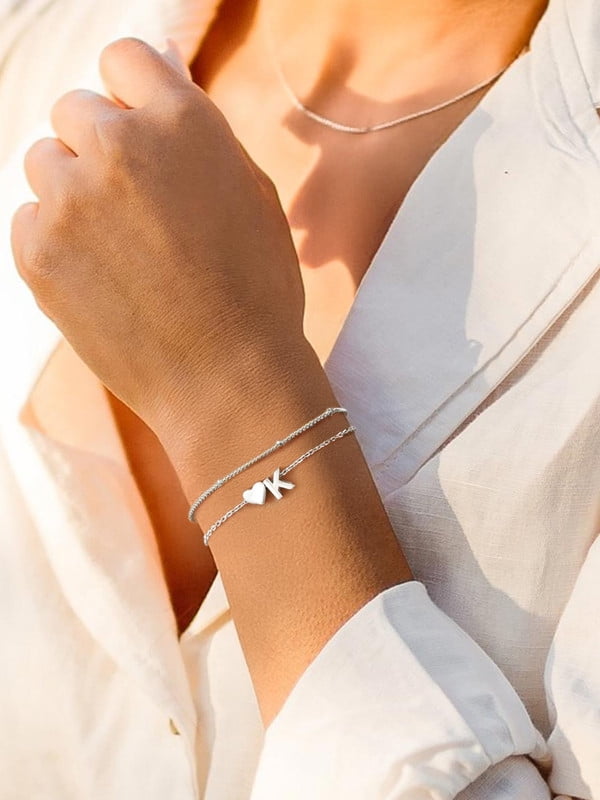 Silvora Women's Sterling Silver Bracelets Heart & Alphabet Letter K Initial Bracelet Charm Jewelry Gifts for Her