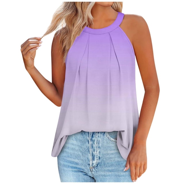 Timegard Womens Tank Tops Gradient Color Crew Neck Back Button Ruched Casual Sleeveless Tops Blouses