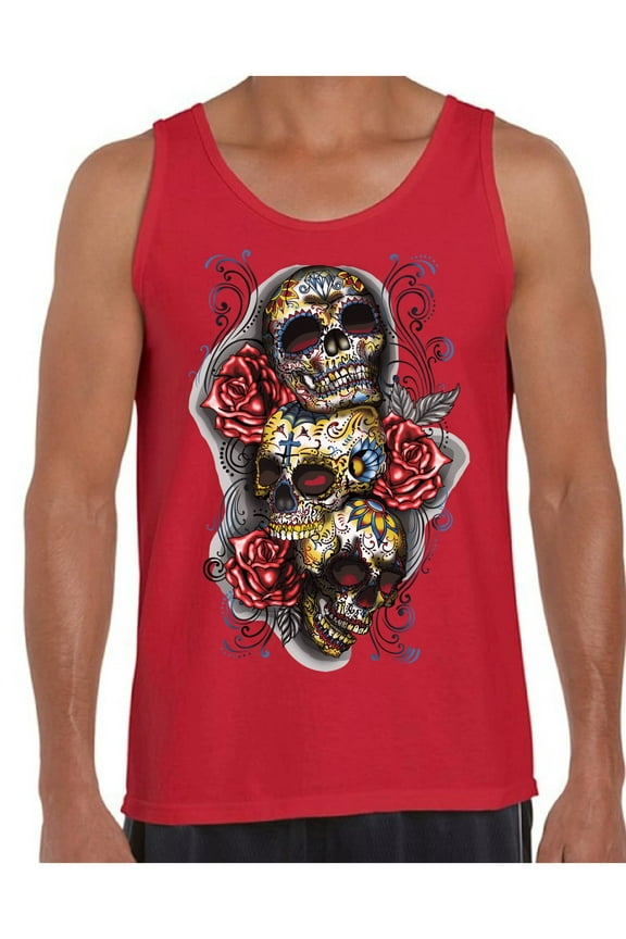 Three Sugar Skull Tank Top for Men Sugar Skull Tank Day of the Dead Muscle Shirt for Men Halloween Gifts Dia de los Muertos Outfit Sugar Skulls Tank Top Skull Red Roses Muscle Tank