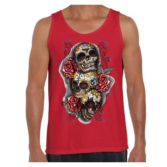 Awkward Styles Three Sugar Skull Tank Top for Men Sugar Skull Tank Day of the Dead Muscle Shirt for Men Halloween Gifts Dia de los Muertos Outfit Sugar Skulls Tank Top Skull Red Roses Muscle Tank